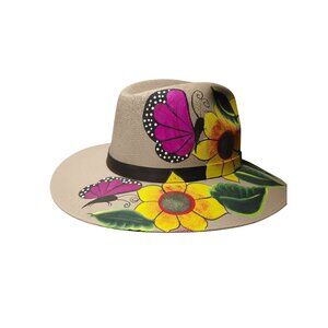 Hand-Painted Sunflower & Butterfly Wide-Brim Fedora Hat Medium